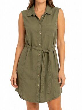 GUESS Los Angeles Sleeveless Shirt Dress Olive Green Button Front Belted